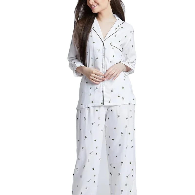 CHINEE Women's Thermal Satin Sleepwear Printed Shirts Trousers Sets Elastic Waist Spring Summer Custom Made