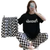 CHINEE Women's Three piece Pajama Set Soft Sleepwear Candy Color Homewear Short Sleeves Long Pants Shorts Ladies Letter Print Nightwear