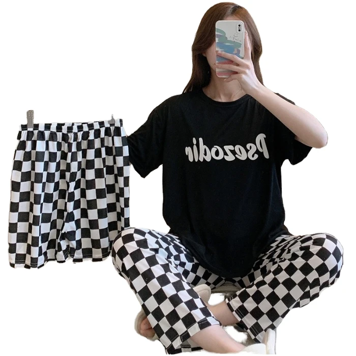 CHINEE Women's Three piece Pajama Set Soft Sleepwear Candy Color Homewear Short Sleeves Long Pants Shorts Ladies Letter Print Nightwear