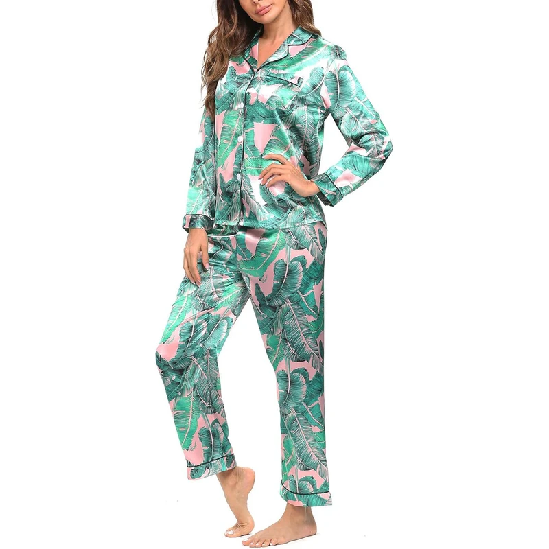 CHINEE Women's Tropical Leaf Print Satin Pajama Set Long Sleeve Button Front Ankle Length Pants Elegant Sleepwear Summer Wear