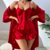 CHINEE Women's V-neck Pajamas Set Three Piece Loungewear Satin Fabric Elastic Waist 100% Polyester Summer