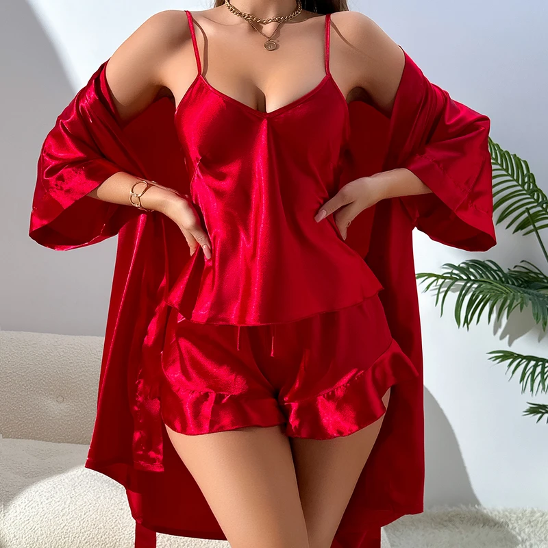 CHINEE Women's V-neck Pajamas Set Three Piece Loungewear Satin Fabric Elastic Waist 100% Polyester Summer