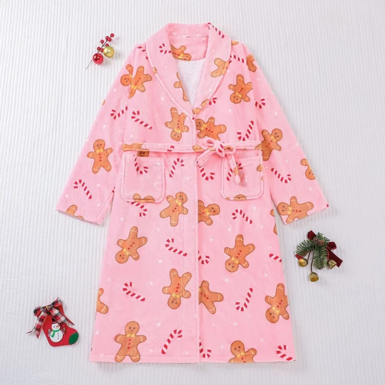 CHINEE-Womens-Warm-Gingerbread-Candy-Cane-Print-Winter-Christmas-Flannel-Bathrobe-Knitted-Sleepwear-with-Thermal-Feature