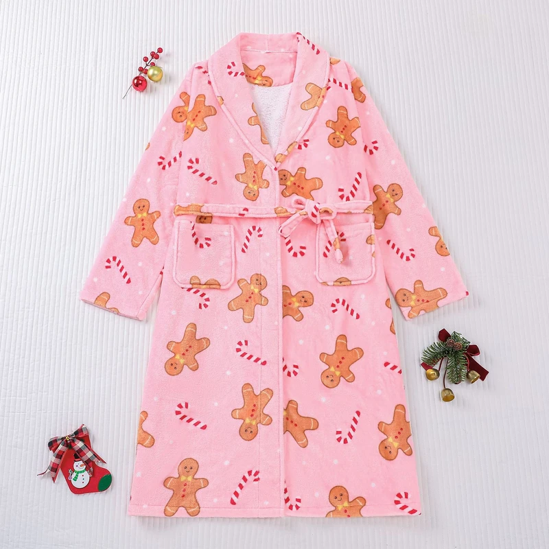 CHINEE Women's Warm Gingerbread Candy Cane Print Winter Christmas Flannel Bathrobe Knitted Sleepwear with Thermal Feature