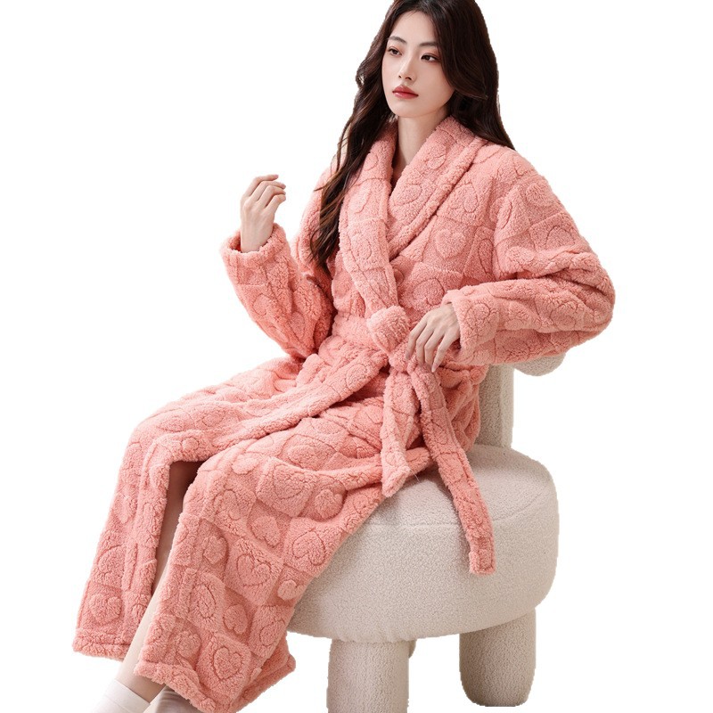 CHINEE Women's Winter Coral Fleece Robe Long Sweet Morning Kimono Soft Warm Plush Bathrobe Lounge Sleepwear