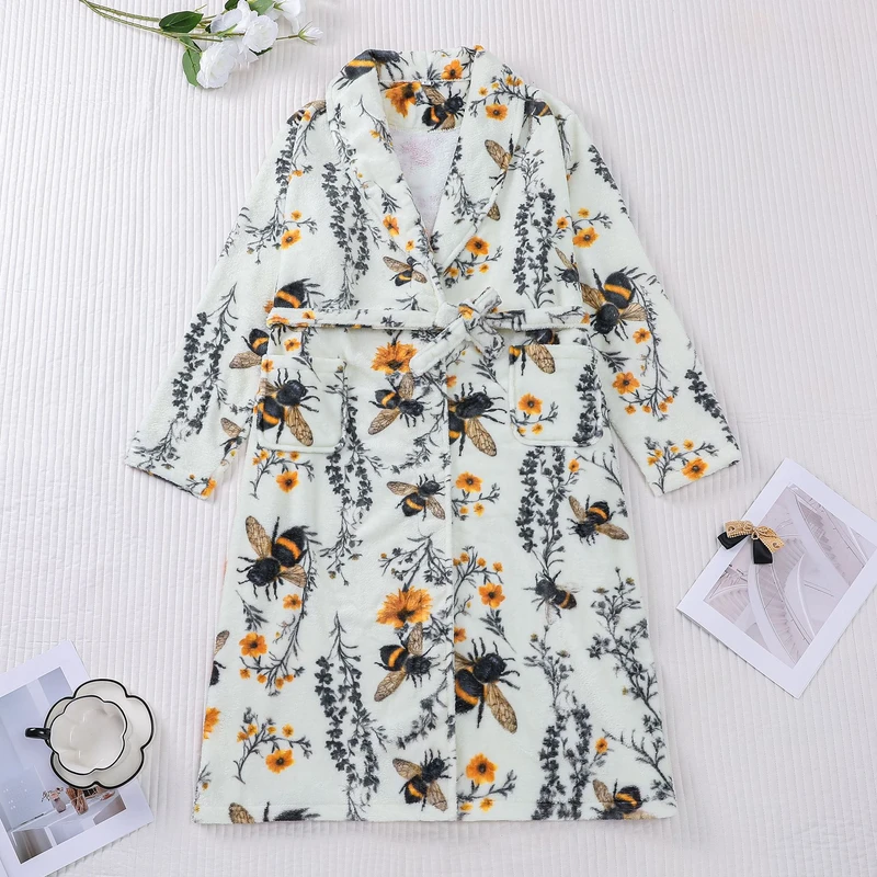 CHINEE Women's Winter Flannel Bathrobe Bee Flower Print Soft Thermal Plush Loungewear with Front Logo Warm Robe