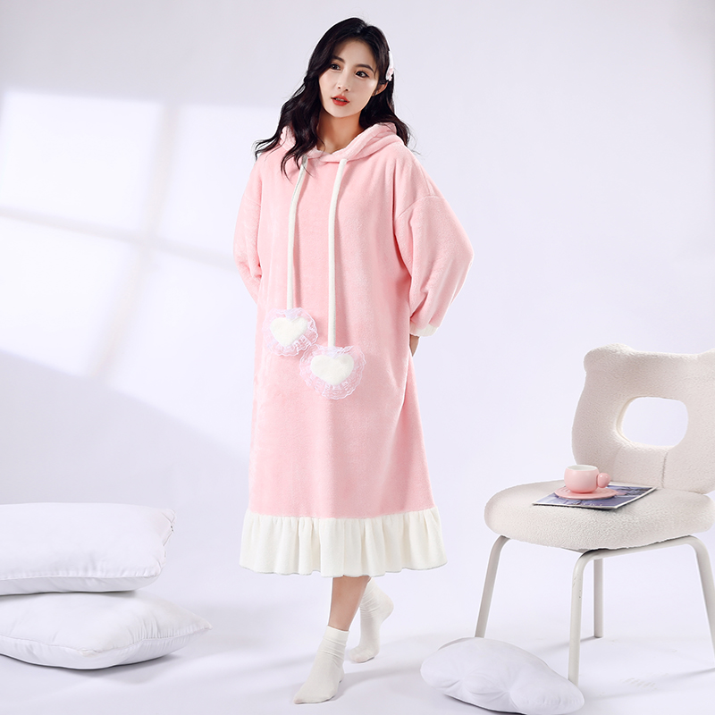CHINEE Women's Winter Spring Thickened Coral Fleece Hooded Bathrobe Long-Sleeved Knee-Length Bath Dress Front Logo Absorbent Home Use