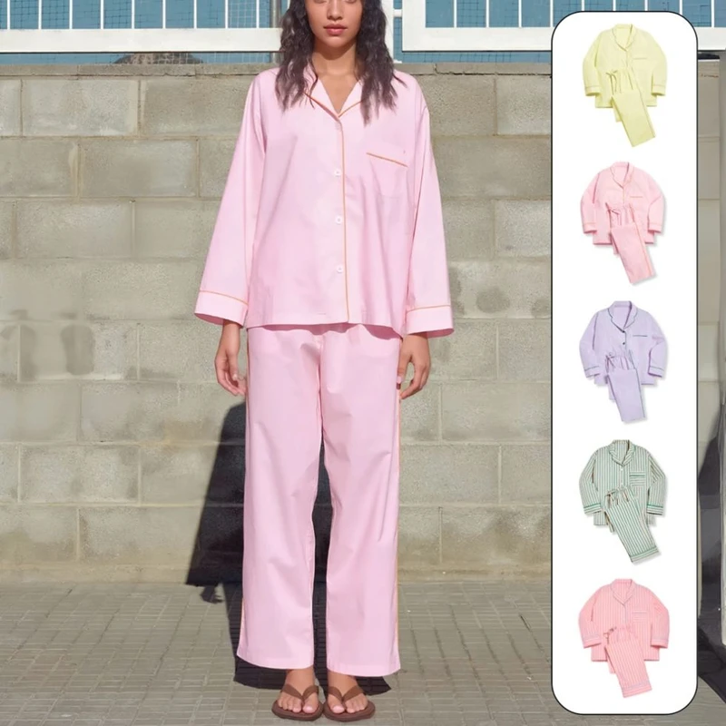 CHINEE Women's Woven Thermal Striped V-neck Pajamas Breathable Quick Dry Cotton Long Sleeve XL Top Pants Pockets Spring