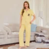 CHINEE Women's Yellow Bear Print Pajama Set Short Sleeve Button Down Top & Long Pants Sleepwear