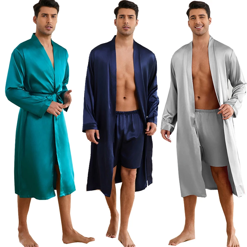 CHINEE Yaoting Men's Summer Breathable Satin Pajama Shorts Set Solid Color 100% Polyester Thin Bathrobe Shorts for Home Wear TZ3194
