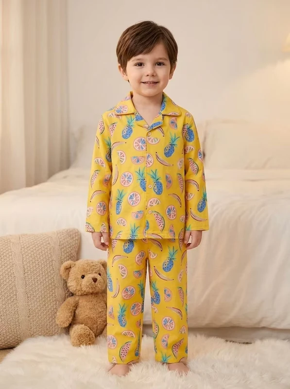 CHINEE Yellow Fruit Print Baby Boys Pajama Set Long Sleeve Cotton Soft Turn-down Collar Summer Sleepwear