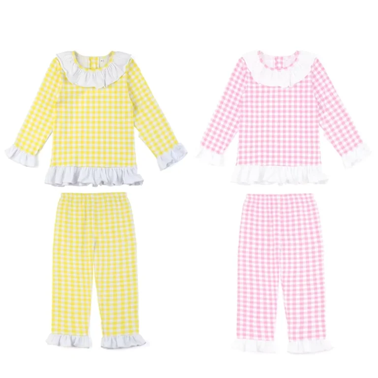 CHINEE-Yellow-and-pink-Gingham-Cotton-Knit-Two-Piece-Kids-Pajamas-Girl-Ruffle-Baby-Sleepwear-1