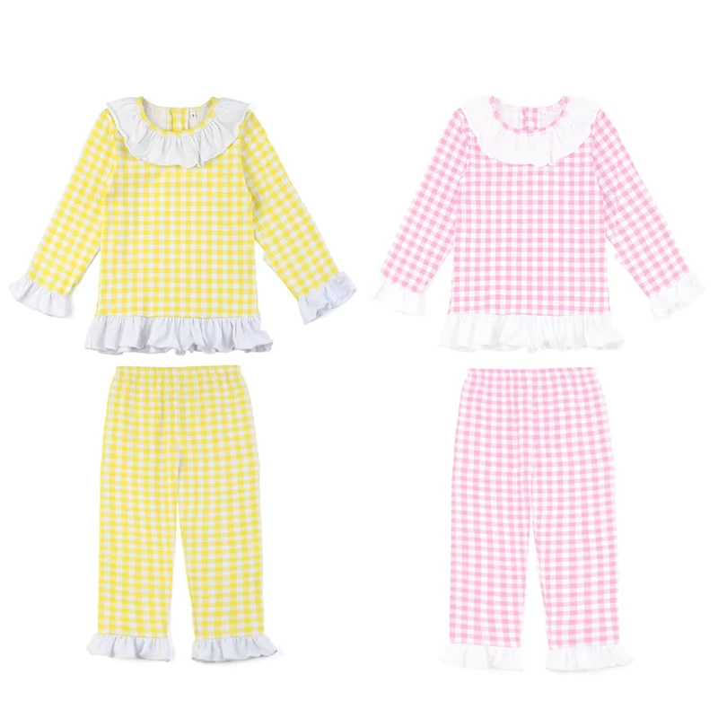 CHINEE Yellow and pink Gingham Cotton Knit Two Piece Kids Pajamas Girl Ruffle Baby Sleepwear