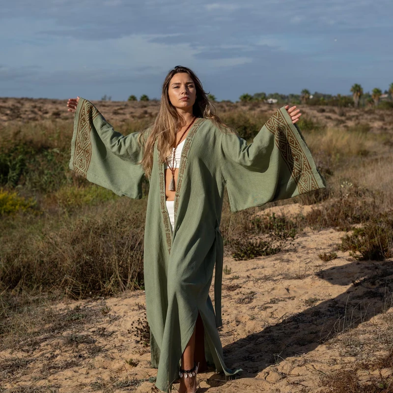 CHINEE Yoga Cotton Kimono Dress Meditation Robe Lace Natural Waist Vintage Women's Layering Piece for Ceremony and Festival Wear