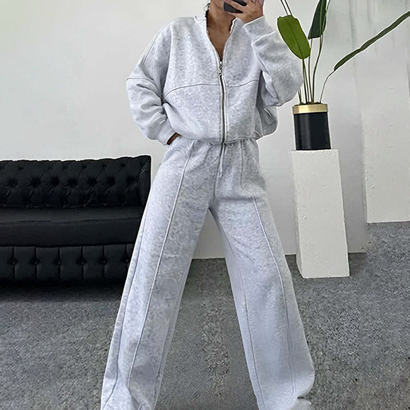 CHINEE ZXPFSL Women's 2 Piece Outfit Zip up Cropped Jacket and Wide Leg Pants Set Casual Loungewear Tracksuit