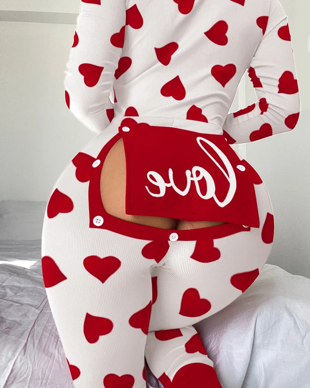 CHINEE ZZ264 Open Crotch Sexy Adult Pajamas for Women Pyjamas One Piece Heart Printed Valentines Day Onesie Sleepwear