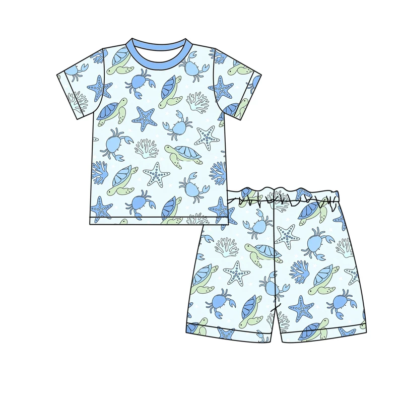 CHINEE ZhengPai Soft Milk Silk Toddler Sleepwear Cute Sea Life Pattern Short Sleeve Kids Pajamas Set