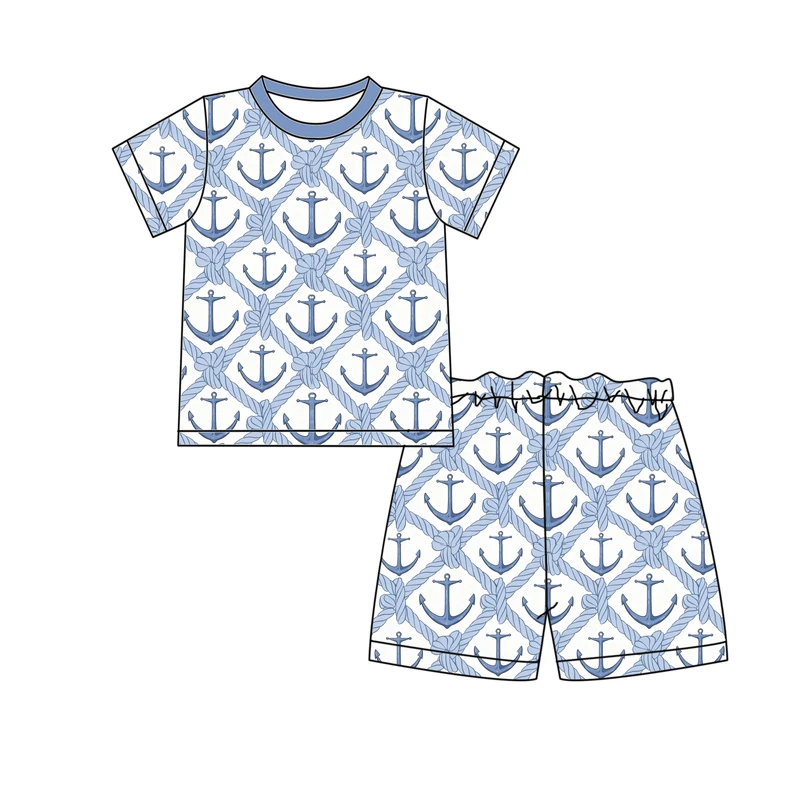 CHINEE ZhengPai Soft Milk Silk Toddler Sleepwear Marine Anchor Pattern Short Sleeve Kids Pajamas Set