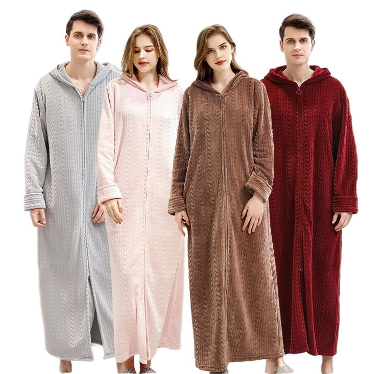 CHINEE Zipper Heavy Long Bathrobe Hooded 280gsm Flannel Fleece Men Women Sleepwear