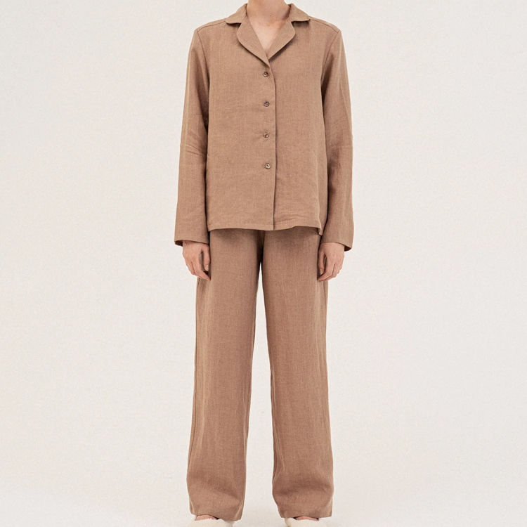 CHINEE long sleeve women's pyjama set linen cotton two piece pajamas custom Womens Lounge Set Eco Friendly Loungewear for women Pjs