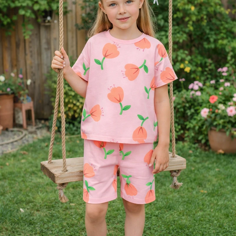 CHINEE pink Toddler Girls Suit with Printing Flower Baby Girl Pajamas Casual Homewear Children Clothing Set in Summer