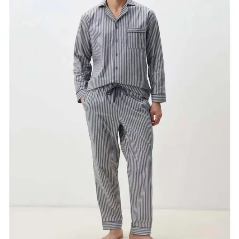 100-Cotton-Knitted-Mens-Pajamas-Set-V-Neck-Long-Sleeve-T-Shirt-Top-Loose-Trousers-Striped-Thermal-Breathable-Elegant-Noble
