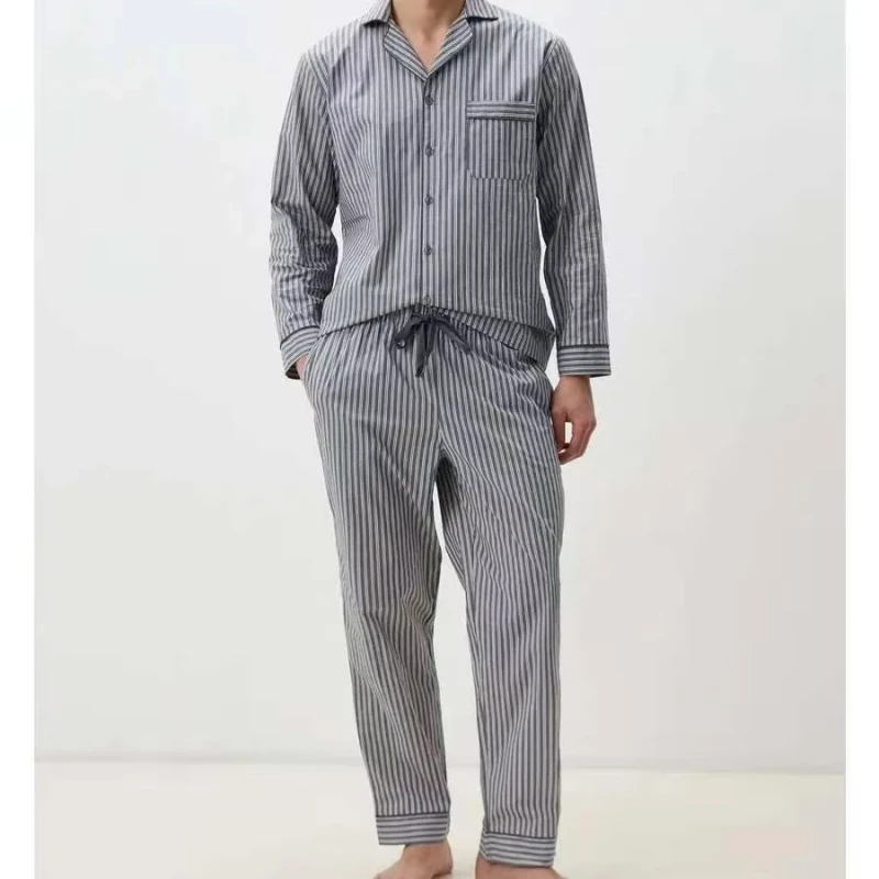 100% Cotton Knitted Men's Pajamas Set V-Neck Long Sleeve T-Shirt Top Loose Trousers Striped Thermal Breathable Elegant Noble