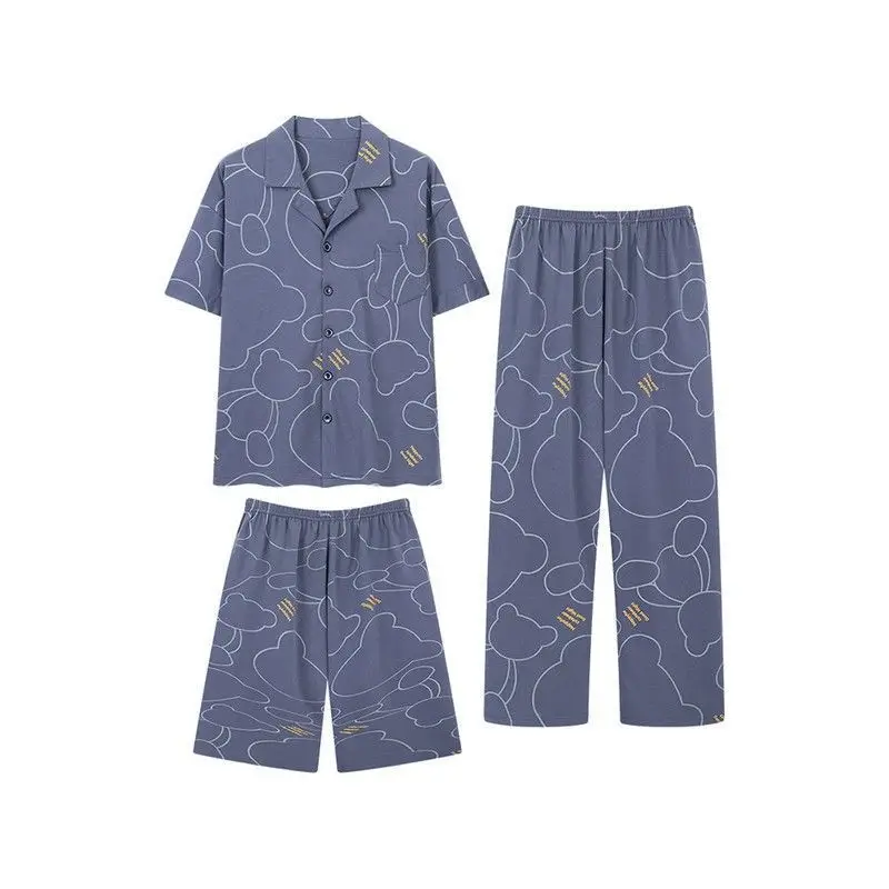 100% Cotton Men's Summer Three Piece Pajamas Set Short-Sleeve Top & Long Pants Thin Lounge Wear