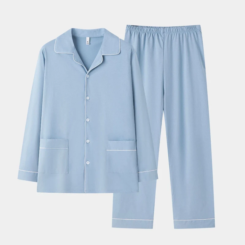 100% Cotton Pajama Set for Men Long Sleeve Plus Size Soft Nightwear Outside Wear Suit