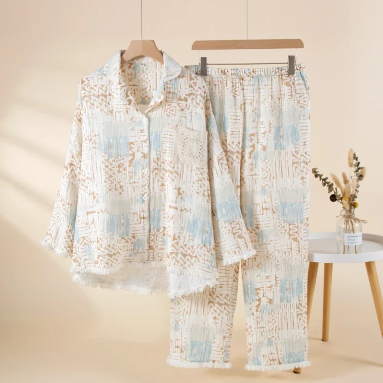 100-Cotton-Womens-Pajamas-Bohemian-Style-Loungewear-Long-Sleeve-Top-and-Long-Pants-Set