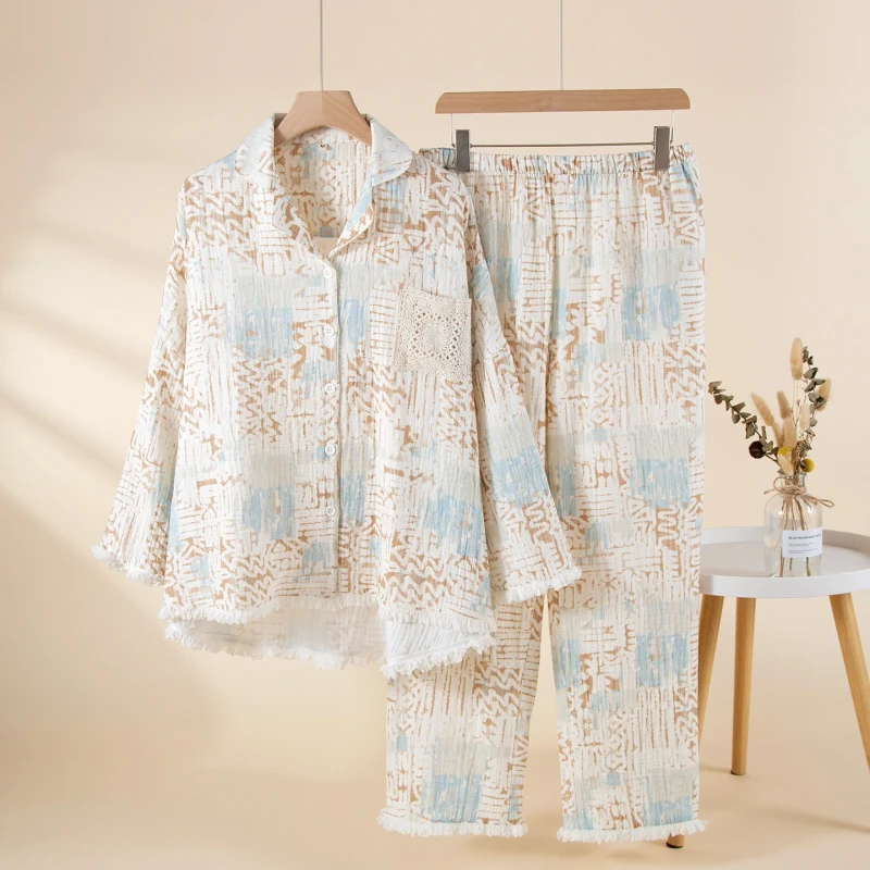 100% Cotton Women's Pajamas Bohemian Style Loungewear Long Sleeve Top and Long Pants Set