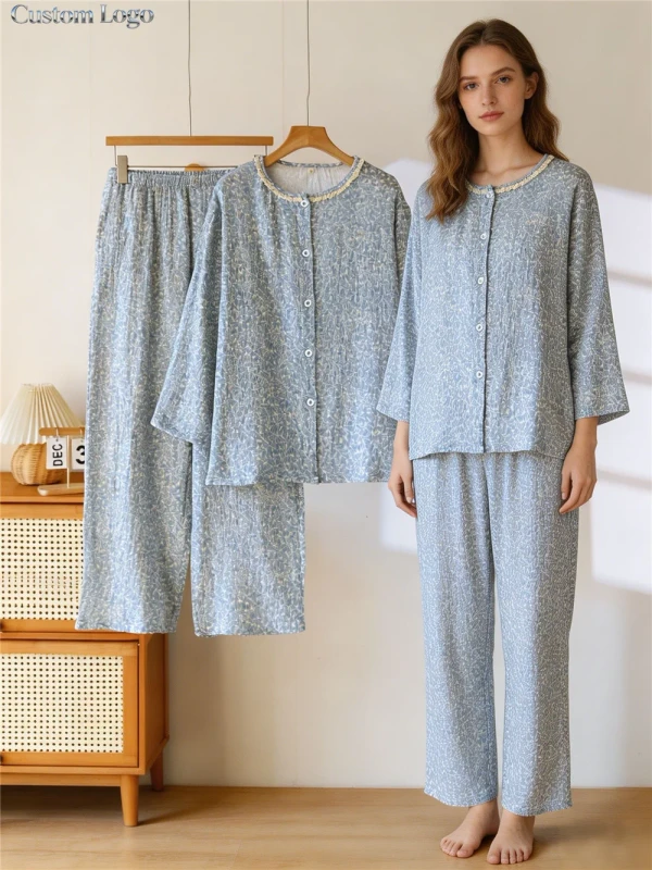 100-Cotton-Womens-Pajamas-Set-Long-Sleeve-Long-Pants-Button-Down-Floral-Print-Soft-Breathable-Loungewear-Sleepwear