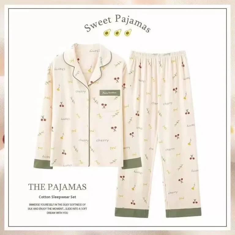 100-Cotton-Womens-Pajamas-Set-Spring-Autumn-Long-Sleeve-Thin-Cherry-Print-Turn-down-Collar-Plus-Size-Wearable