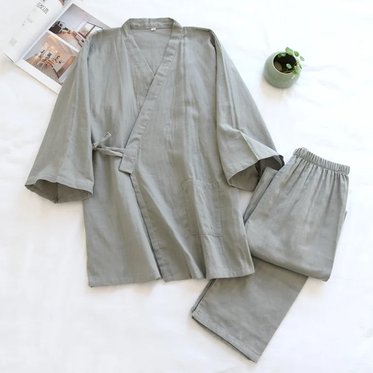 100-Double-Gauze-Cotton-Kimono-V-Neck-Lace-Up-Mens-Pajama-Set-Solid-Color-Breathable-Short-Sleeved-Trousers-for-Hotel-Sauna-Use