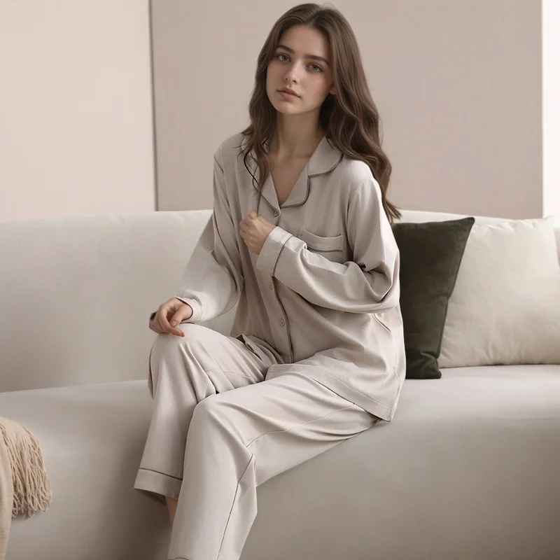 100% Knitted Cotton Long Sleeve Pajamas Set for Women Vintage Fashion Home Wear Comfort Sleep Soft