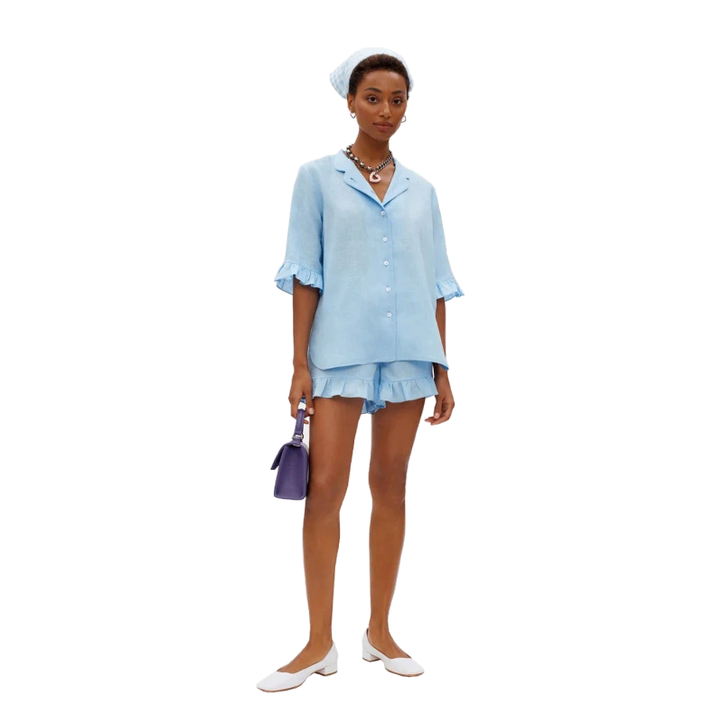 100% Linen Knitted Women's Vintage Summer Short Sleeve Shorts Two Piece Set Customized Pajamas