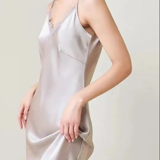 100-Mulberry-Silk-Satin-Nightdress-Custom-Smooth-Soft-Knee-Drawstring-Sexy-Sling-Design-for-Spring-and-Summer