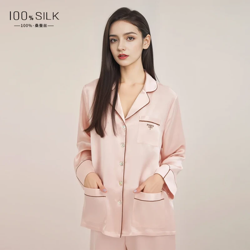 100% Mulberry Silk Women's Two-Piece Pajama Set Luxury Fashion Home Wear Solid Pattern 16mm Thickness Large Size for Summer
