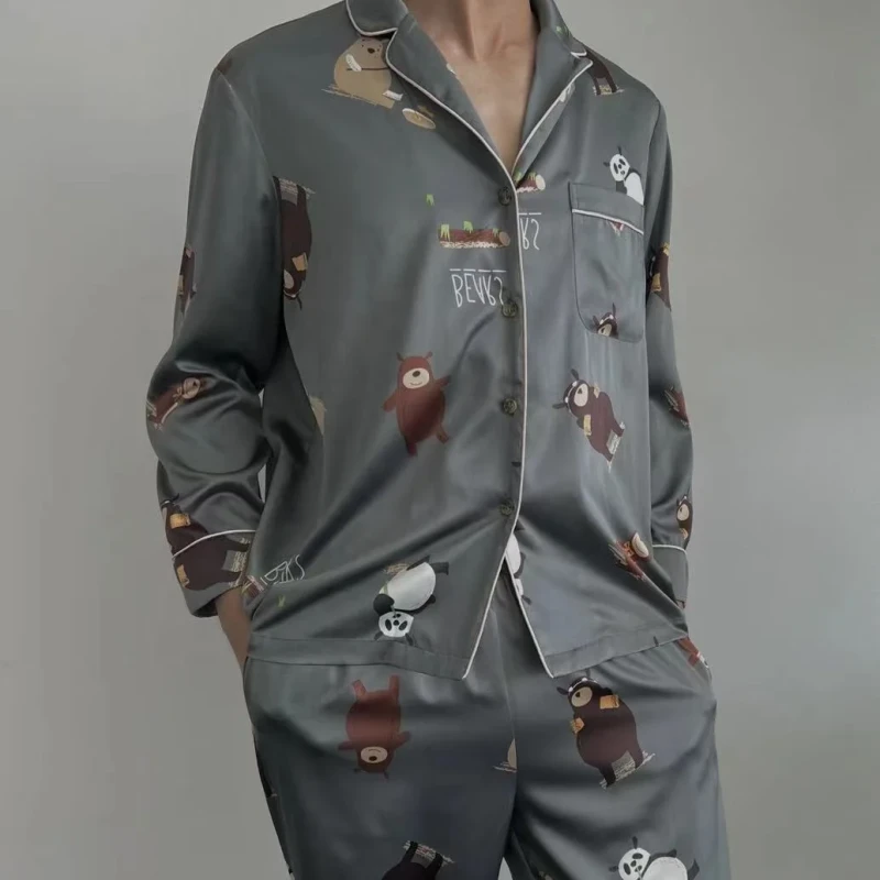 100% Organic Silk Pajama Sets for Men Custom Size Two-Piece Printed Silk Sleep Wear Animal Men's Silk