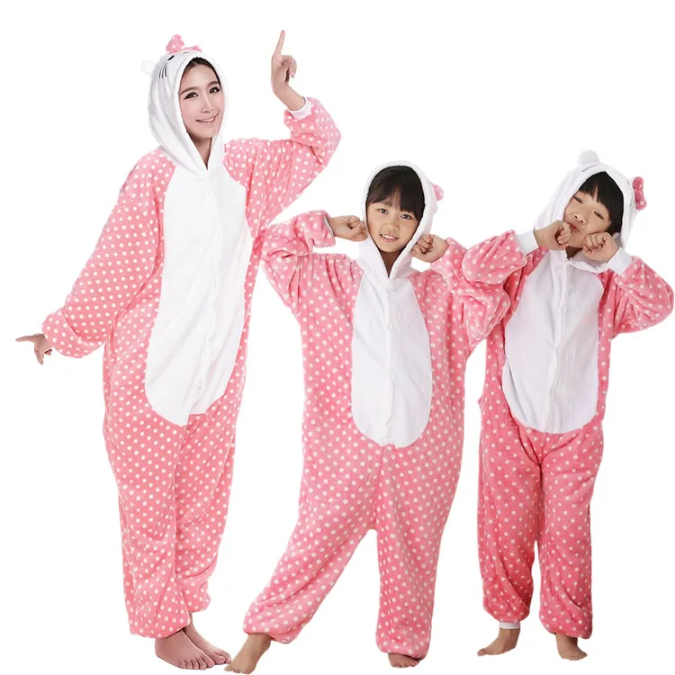 100% Polyester Woven Onesie Comfortable Warm Dot Cat Pajamas for Adults Kids Winter Sleepwear for Women Trade Assurance