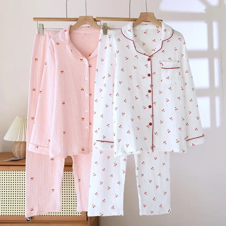 100-Pure-Cotton-Double-layer-Gauze-Cherry-Lapel-Long-Sleeve-Full-length-Breathable-Sweet-Cute-Style-Cardigan-Pajamas-Summer
