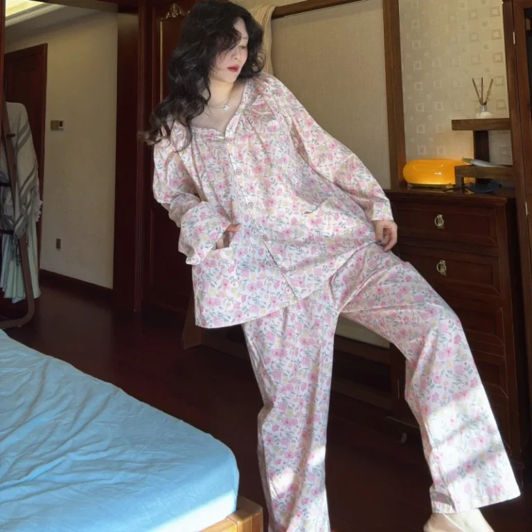 100-Pure-Cotton-Long-sleeved-Long-pants-Womens-Pajama-Set-Spring-Autumn-Elegant-Elastic-Waist-Sweet-Floral-Print