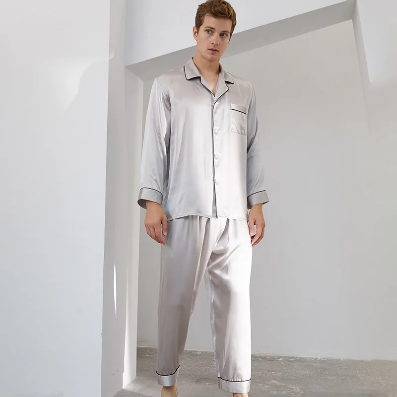 16mm Silk Pajamas for Men High Quality Luxury 100% Pure Mulberry Silk Pajama Men Set Two Pieces With Long Sleeve