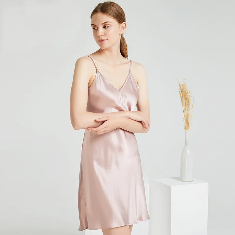 19 Momme V-Neck Mulberry Silk Dress for Women Sexy Silk Nightgown Summer Homewear Silk Camisole Loungewear Silk Nightdress