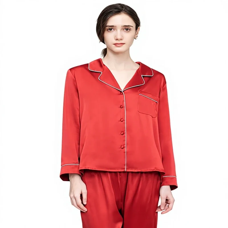 19M 100% Mulberry Silk Women's High-end Zodiac Year Red Wedding Festive Soft Solid Loungewear Pajamas Set