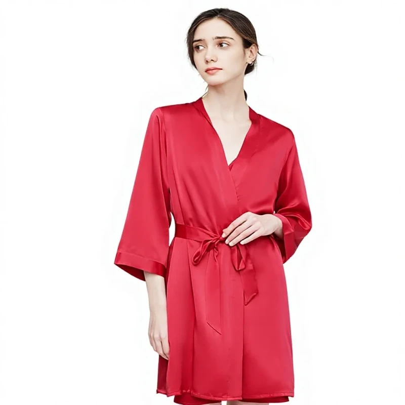 19mm Heavyweight 100% Mulberry Silk Knee Length Pajamas Red New Year Zodiac Year Nightgown Women's Bridal Wedding Morning Gown