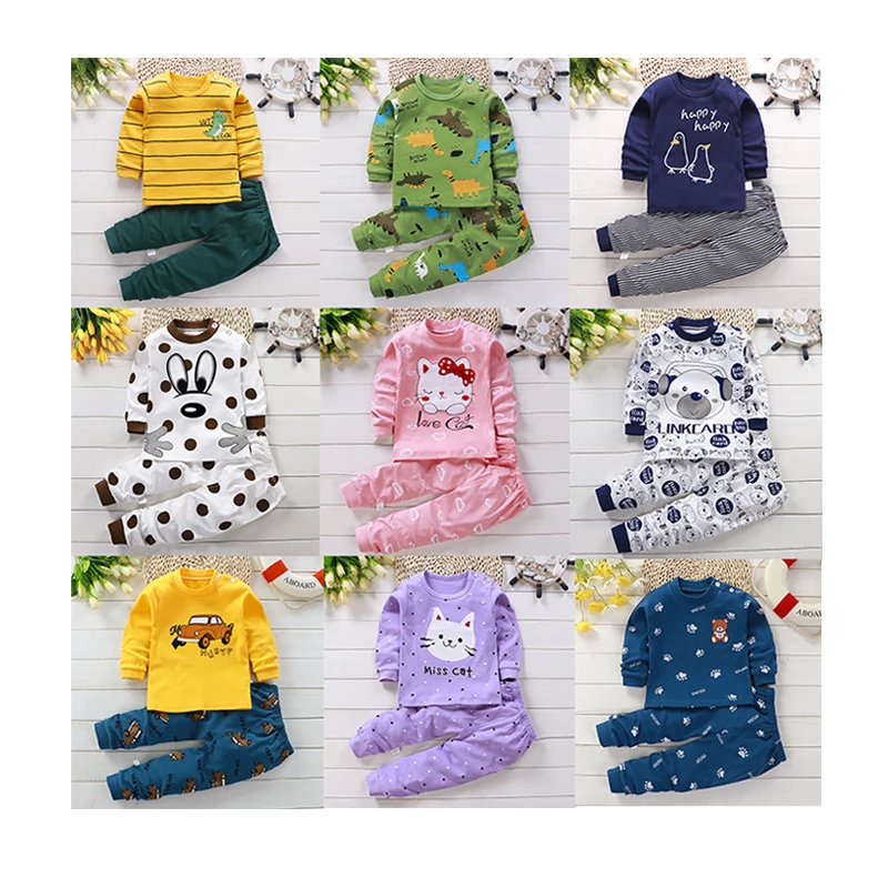 2 Children Cotton Pajamas 2pcs Set Girls Sleepwear Nightwear Kids Boys Long Sleeve Cartoon Printed Pyjamas Set