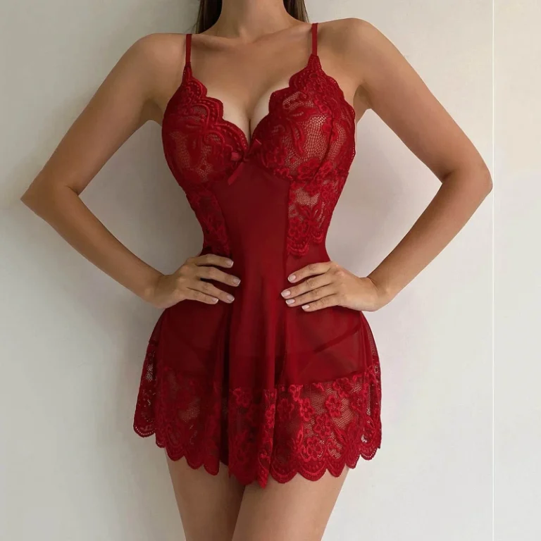 2-PCS-Set-Valentines-Day-Lace-Mesh-Fashionable-Lingerie-Women-Hollow-Out-Nightwear-Dress-Pajamas-With-Thong