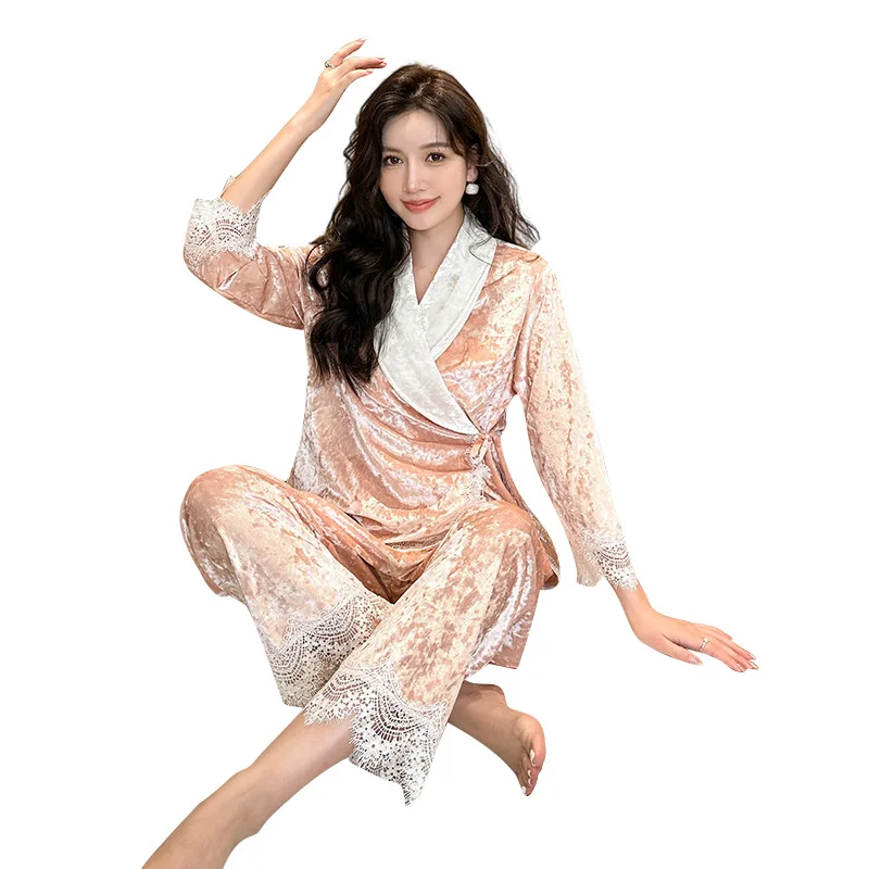 2 Pcs Set Autumn Luxury Pajamas Solid Velvet Lace Pajamas Long Sleeves Nightwear for Women
