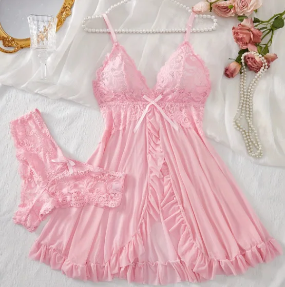 2-Pcs-Set-Lace-Nightgown-Women-Exquisite-Homewear-New-Green-Nighttime-Pajamas-Transparent-Split-Nightdress-V-Neck-Bra-Panty-Sets